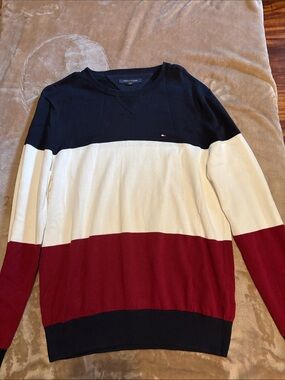 Tommy Hilfiger Men’s Navy, White & Red Block Crewneck Sweater